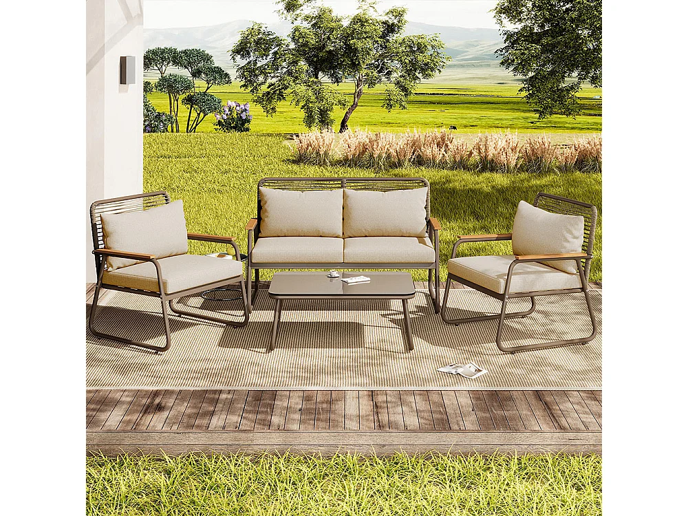 Salon de jardin avec structure en fer galvanisé, plateau de table en verre trempé, pieds de table réglables avec siège et coussins,beige