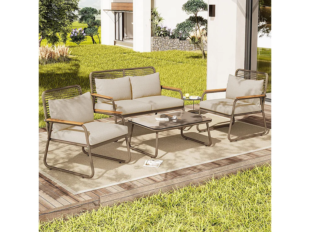 Salon de jardin avec structure en fer galvanisé, plateau de table en verre trempé, pieds de table réglables avec siège et coussins,beige