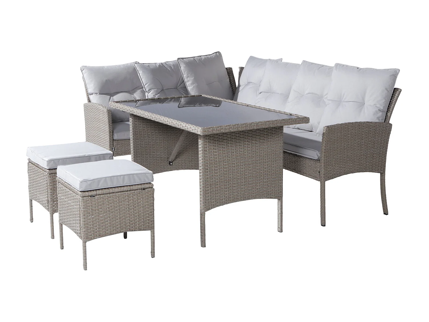 Rotan tuinset voor 7 personen met bank, eettafel, krukken en kussens, kaki