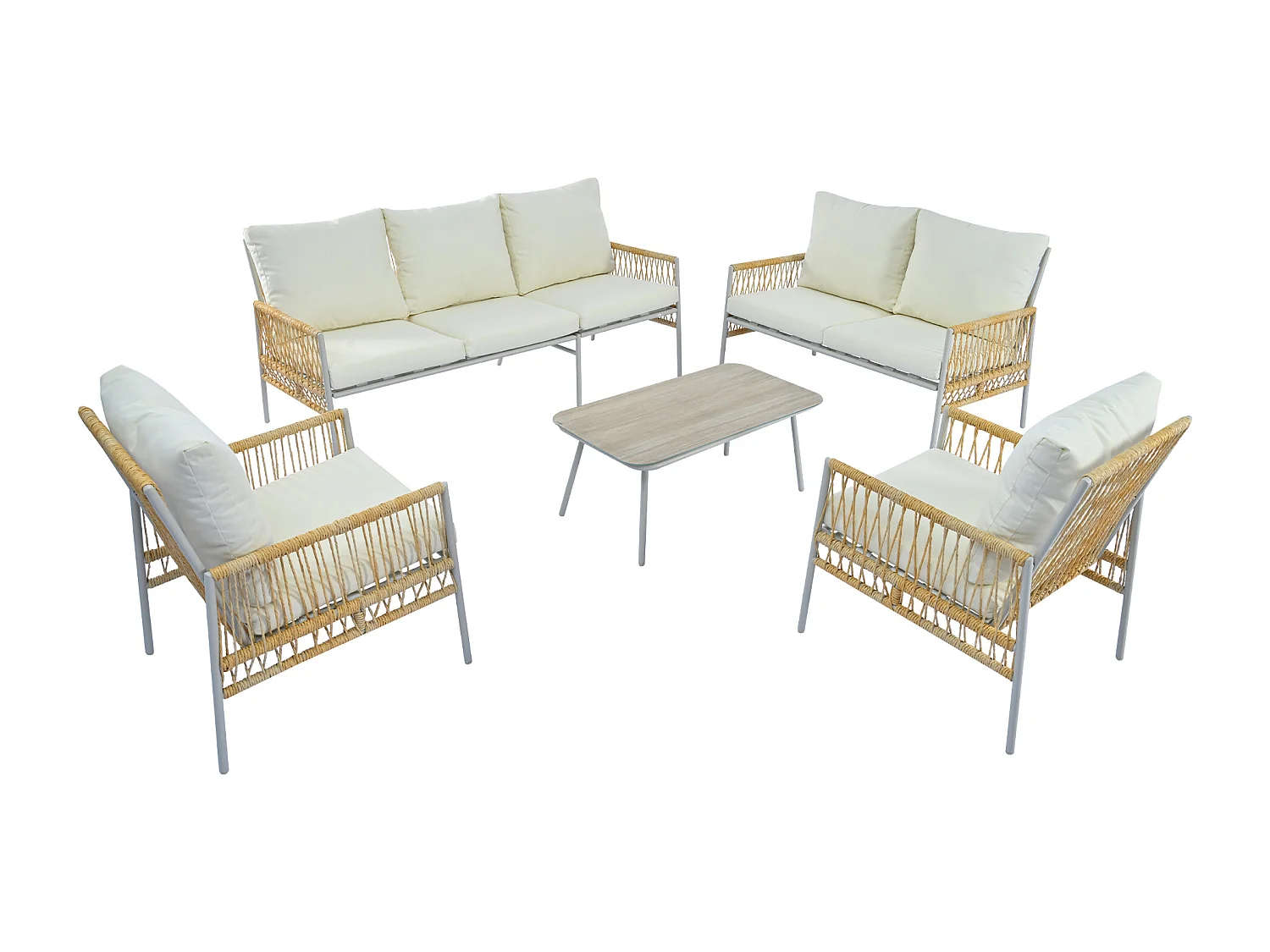 Conjunto de mobiliário de jardim, 7 lugares, 1 mesa de centro, PE rattan, vidro temperado (textura de madeira), almofadas de assento amovíveis e laváveis, bege