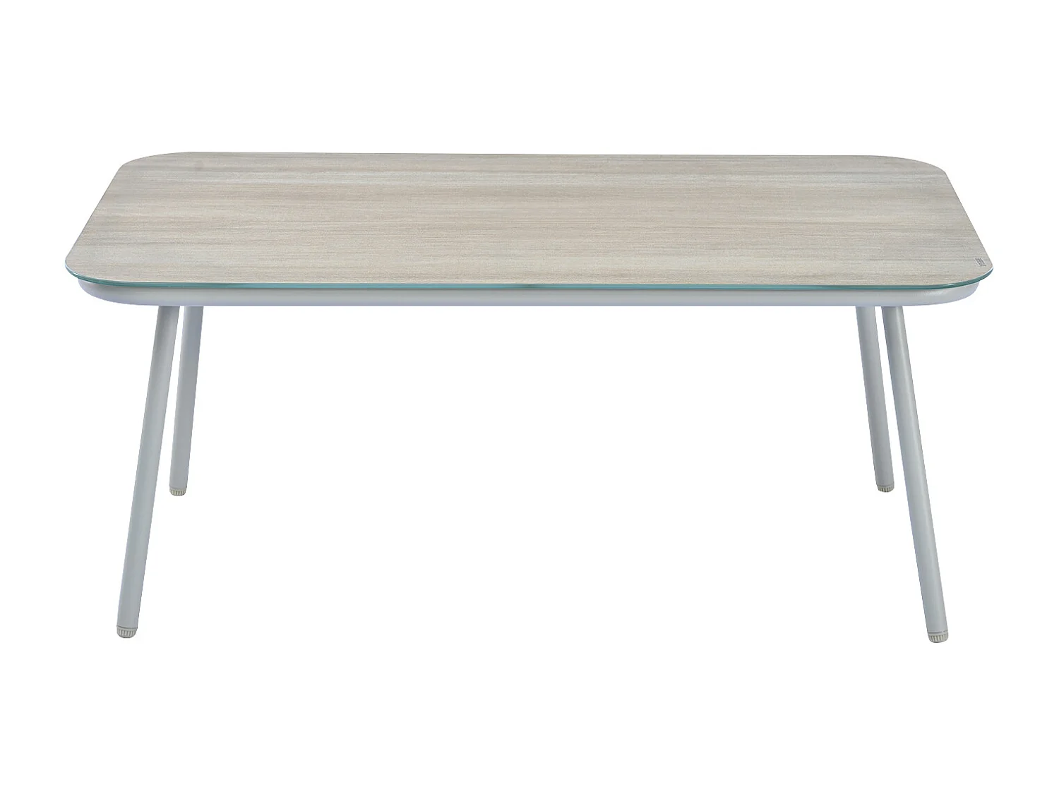 Conjunto de mobiliário de jardim, 7 lugares, 1 mesa de centro, PE rattan, vidro temperado (textura de madeira), almofadas de assento amovíveis e laváveis, bege