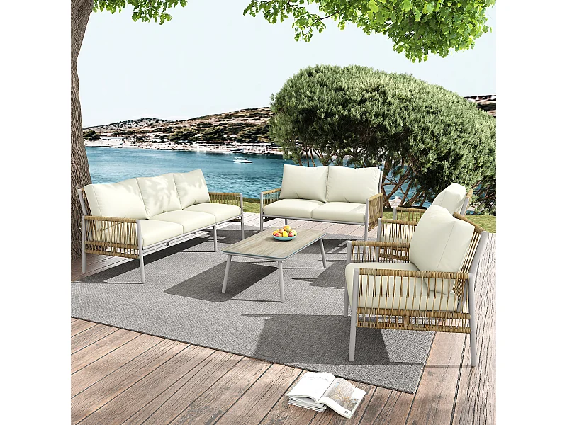 Salon de jardin, 7 places assises, 1 table basse, rotin PE, verre trempé (texture bois), coussins d'assise amovibles et lavables, beige