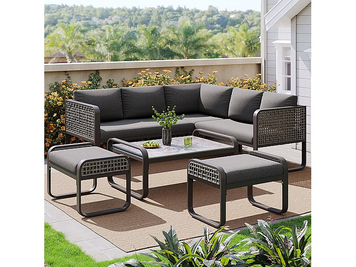 Juego De Muebles De Jardín De 5-6 Personas – Estructura De Hierro Galvanizado, 2 Sofás De 3 Plazas, 1 Mesa Y 7 Cojines Grises, Color Gris Oscuro