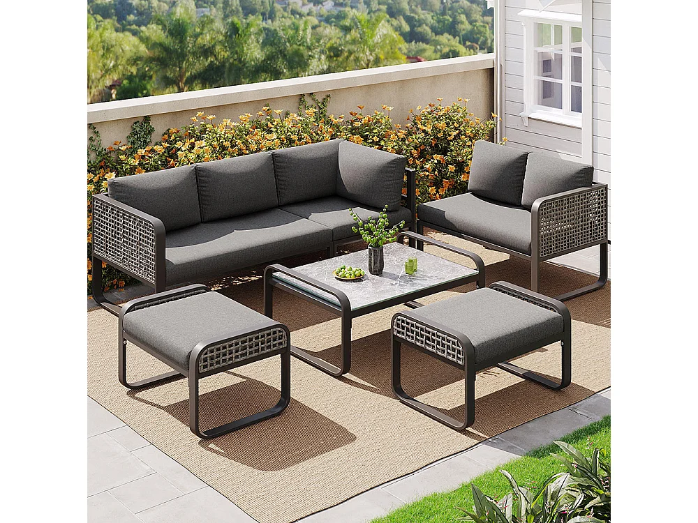 Salon de jardin pour 6-7 personnes, avec structure en fer galvanisé, pieds réglables, y compris tous les sièges et coussins, gris