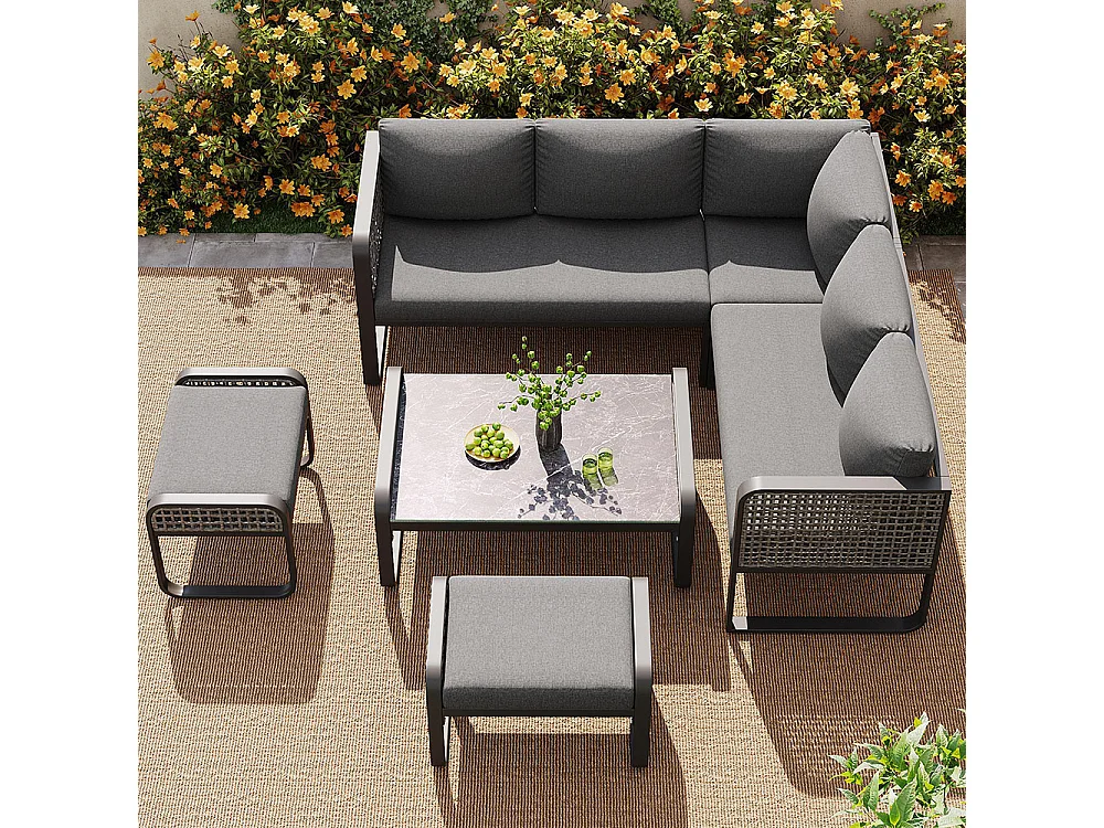 Salon de jardin pour 6-7 personnes, avec structure en fer galvanisé, pieds réglables, y compris tous les sièges et coussins, gris