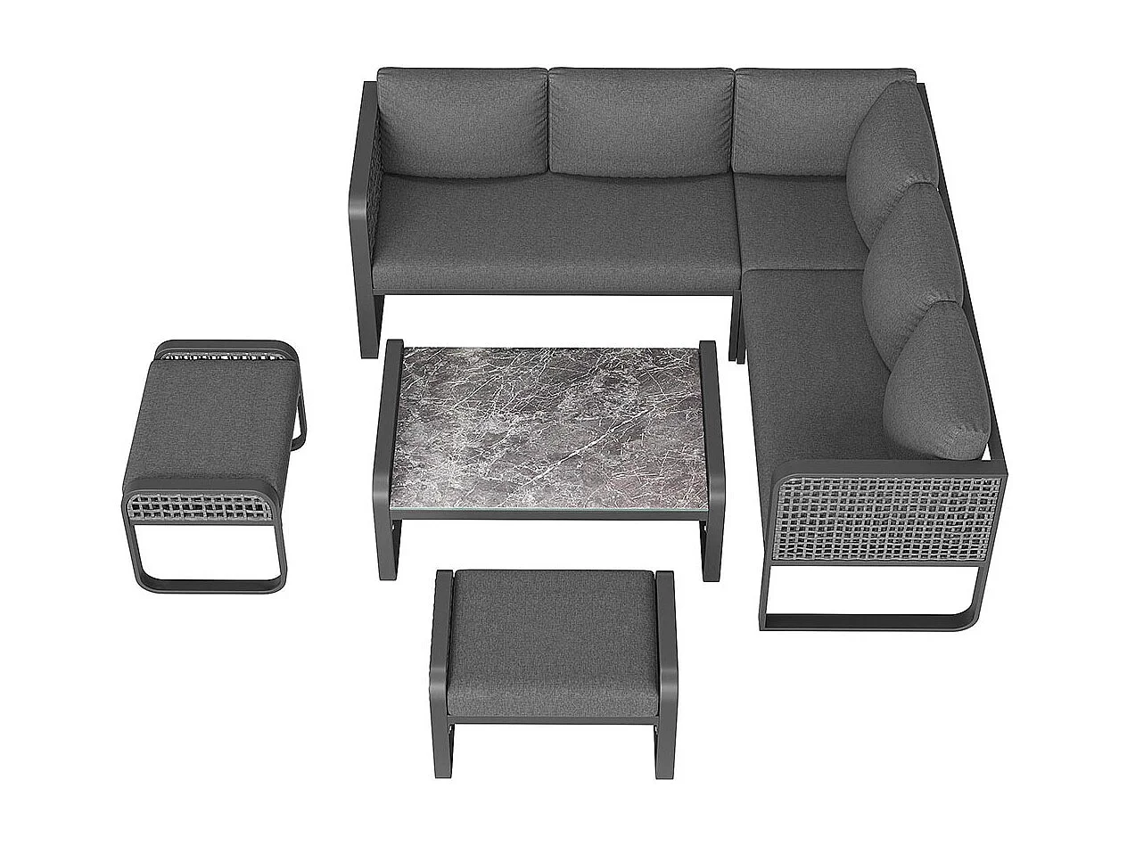 Salon de jardin pour 6-7 personnes, avec structure en fer galvanisé, pieds réglables, y compris tous les sièges et coussins, gris