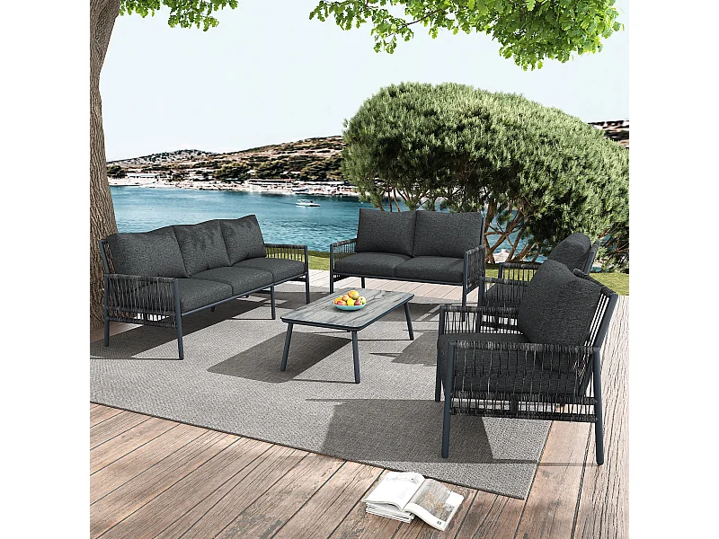 Salon de jardin, 7 places assises, 1 table basse, rotin PE, verre trempé (texture bois), coussins d'assise amovibles et lavables,gris