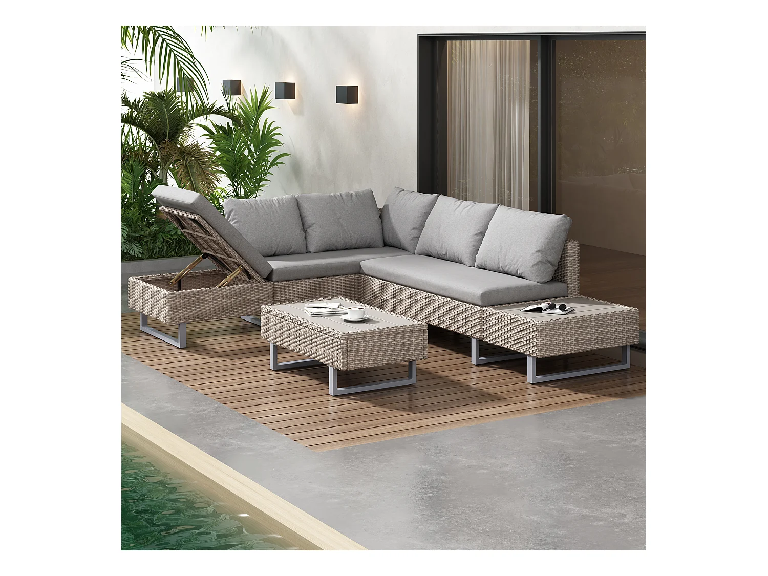 Conjunto de mobiliário de jardim com sofá de canto, mesa e almofadas para 4-5 pessoas, coberturas amovíveis, caqui