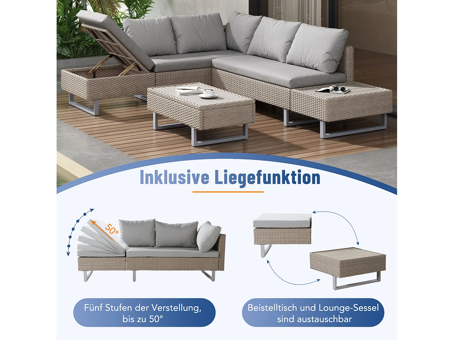 Ensemble de jardin avec canapé d'angle, table et coussins pour 4-5 personnes, déhoussable, couleur kaki