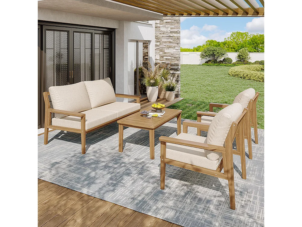 Conjunto de mobiliário de jardim para 4-5 pessoas, 2 sofás individuais, 1 sofá duplo, 1 mesa, incluindo todas as almofadas