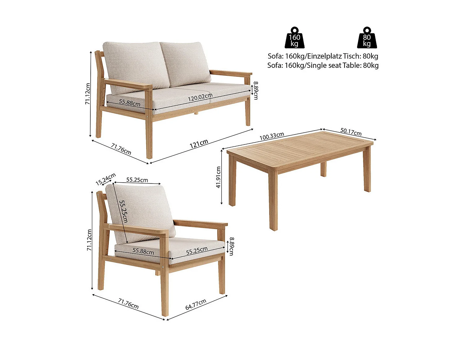 Conjunto de mobiliário de jardim para 4-5 pessoas, 2 sofás individuais, 1 sofá duplo, 1 mesa, incluindo todas as almofadas