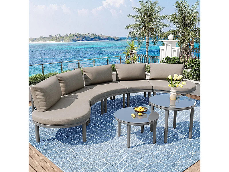 Salon de jardin (5 places), 2 tables basses en verre trempé avec coussins d'assise et coussins gris, pieds réglables, élégant canapé rond