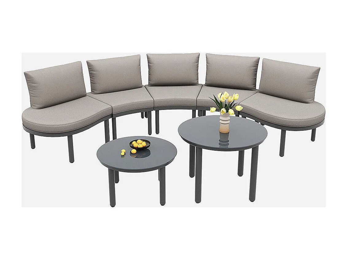 Gartenmöbel (5 Sitzplätze), 2 Couchtische aus gehärtetem Glas mit grauen Sitzkissen und Kissen, verstellbare Füße, elegantes rundes Sofa.