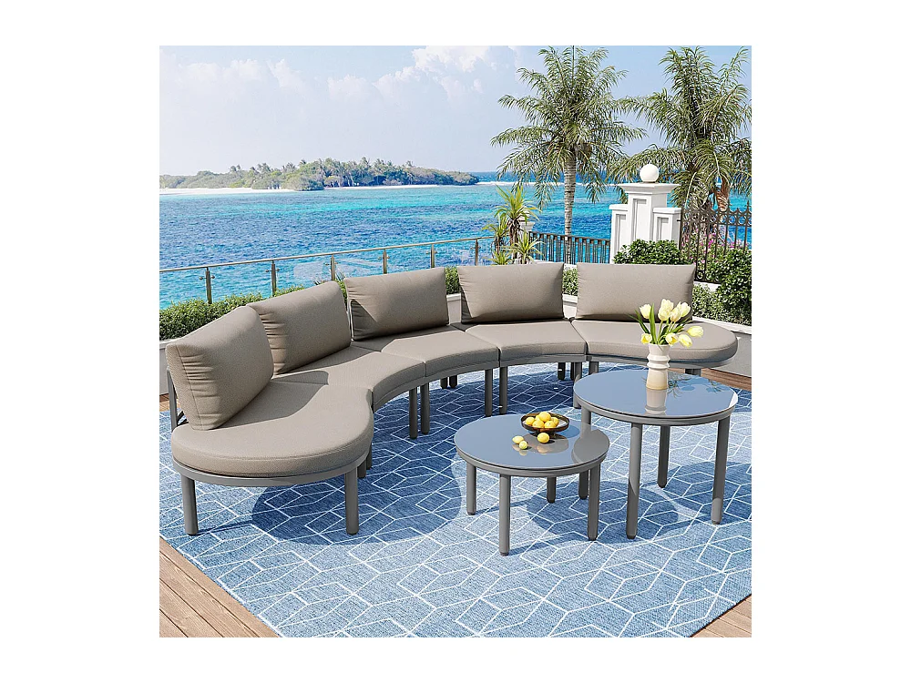 Salon de jardin (5 places), 2 tables basses en verre trempé avec coussins d'assise et coussins gris, pieds réglables, élégant canapé rond