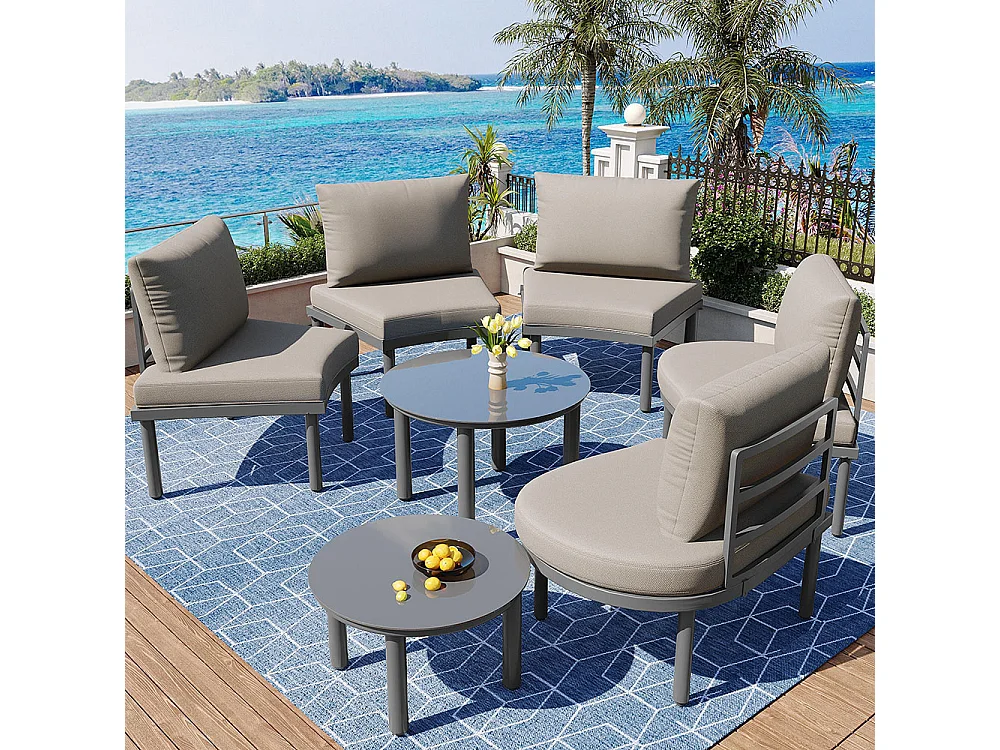 Salon de jardin (5 places), 2 tables basses en verre trempé avec coussins d'assise et coussins gris, pieds réglables, élégant canapé rond