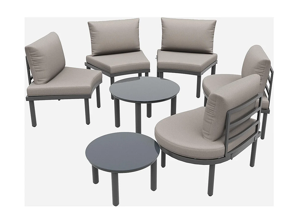 Salon de jardin (5 places), 2 tables basses en verre trempé avec coussins d'assise et coussins gris, pieds réglables, élégant canapé rond