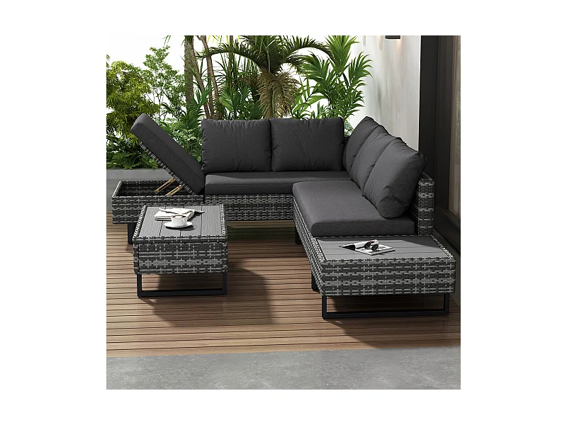 Gartengarnitur mit Ecksofa, Tisch und Kissen für 4-5 Personen, abnehmbar,grau