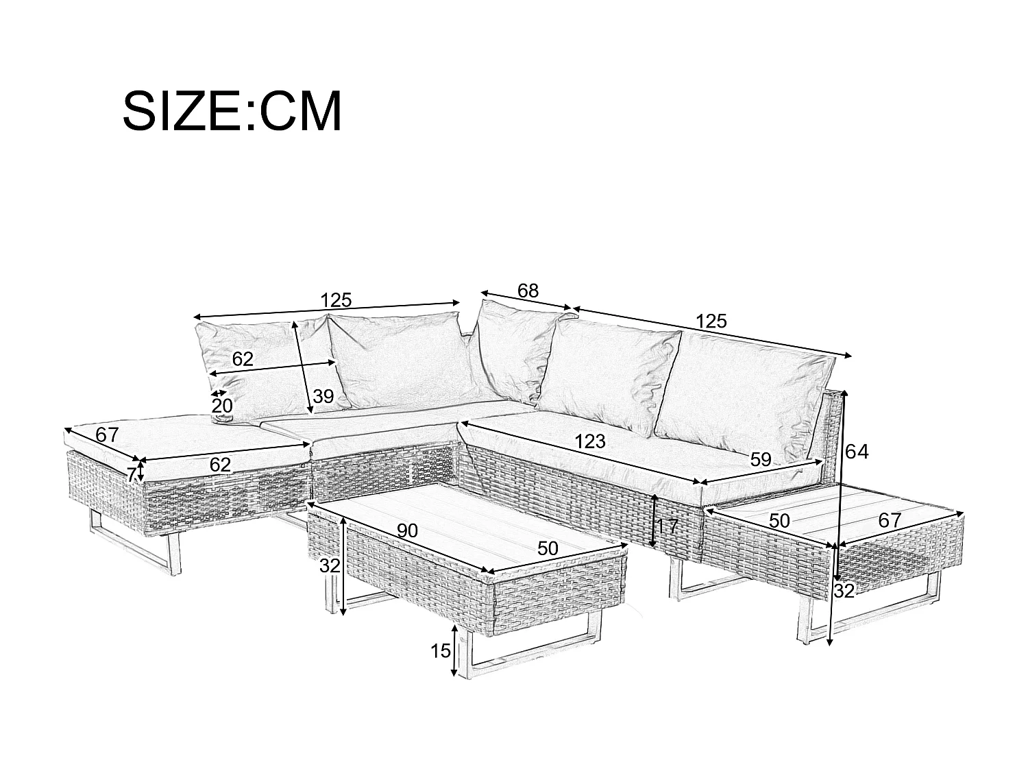 Tuinset met hoekbank, tafel en kussens voor 4-5 personen, afneembare hoezen,Grijs