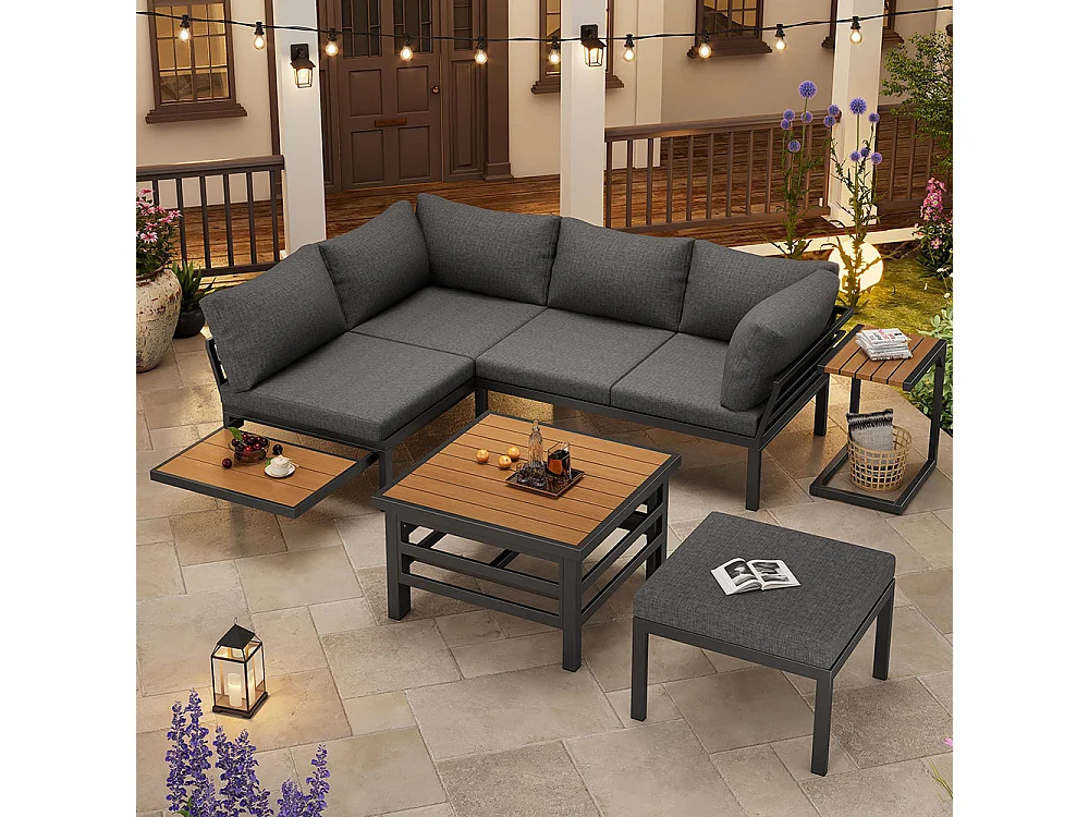 Ensemble de meubles de jardin (2 canapés doubles plus 1 pouf), 1 table en plastique avec coussins d'assise et coussins, avec petite table d'appoint