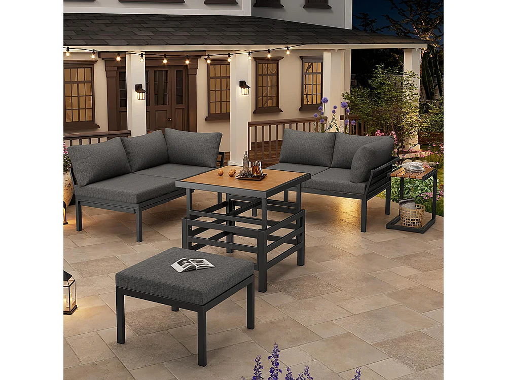 Ensemble de meubles de jardin (2 canapés doubles plus 1 pouf), 1 table en plastique avec coussins d'assise et coussins, avec petite table d'appoint