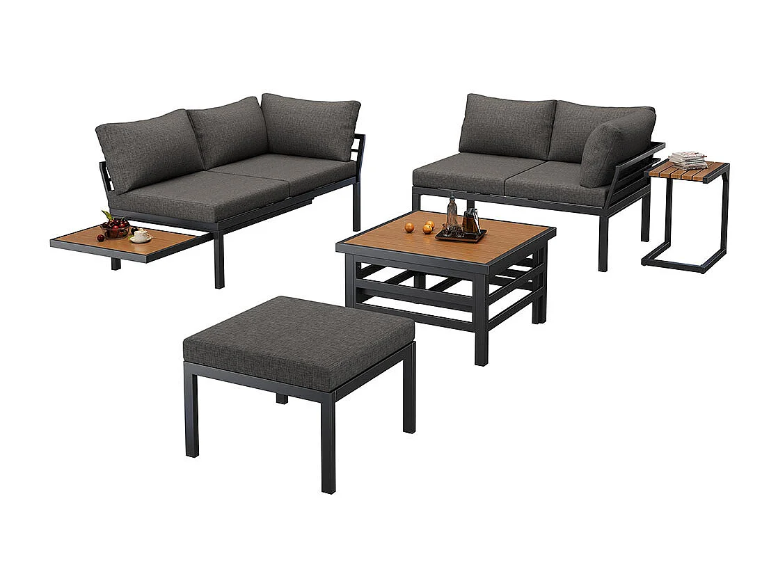 Ensemble de meubles de jardin (2 canapés doubles plus 1 pouf), 1 table en plastique avec coussins d'assise et coussins, avec petite table d'appoint