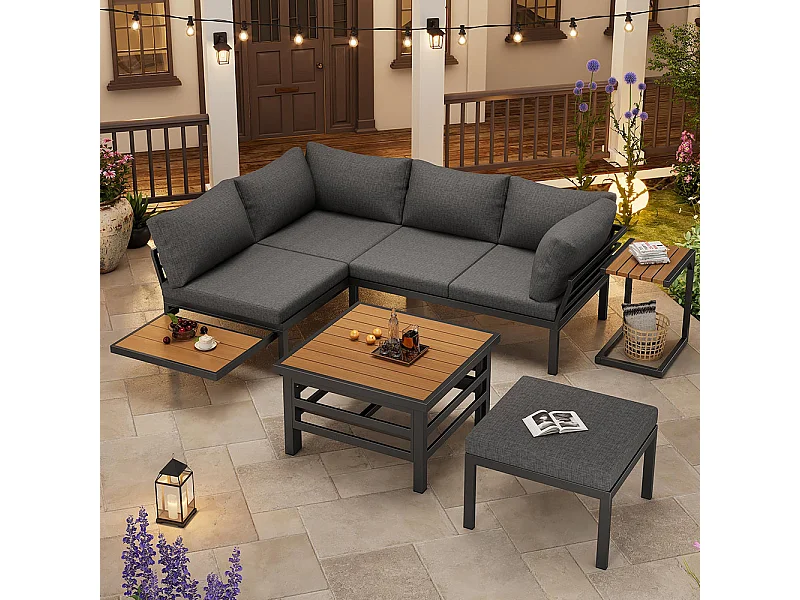 Ensemble de meubles de jardin (2 canapés doubles plus 1 pouf), 1 table en plastique avec coussins d'assise et coussins, avec petite table d'appoint