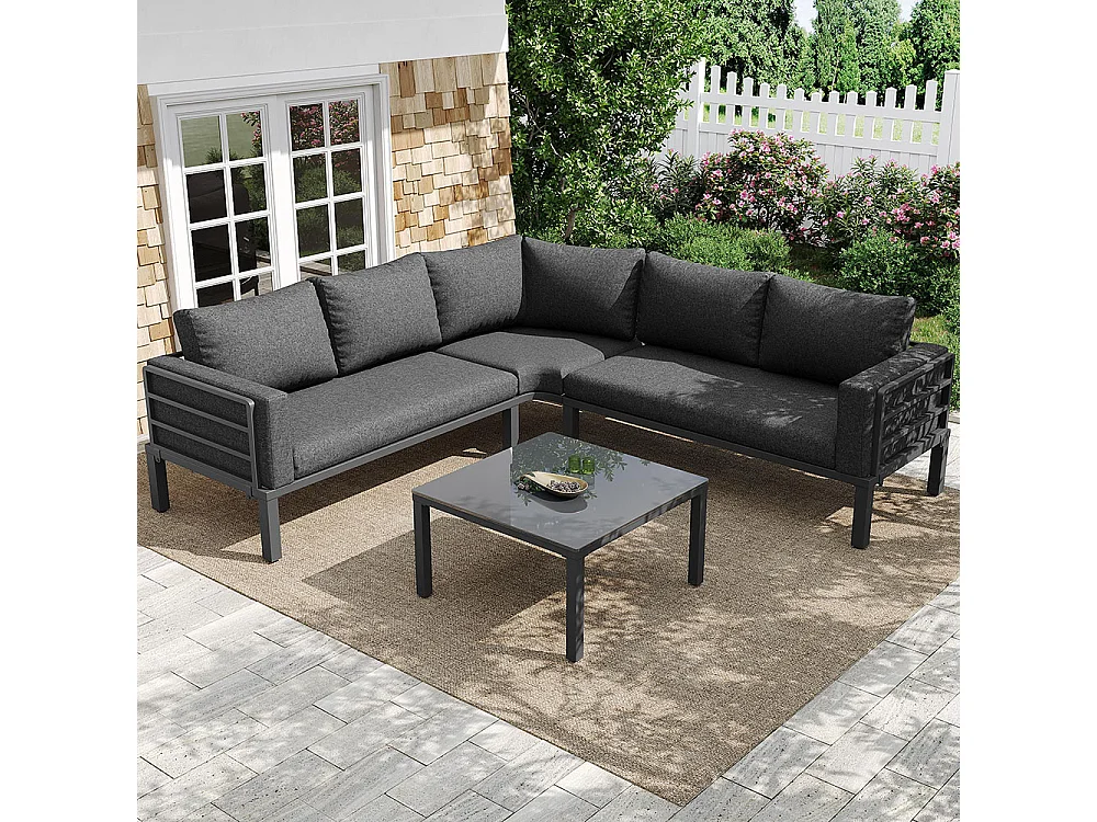 Set di mobili da giardino (posti a sedere 4-5), 1 tavolino in vetro temperato, struttura in ferro zincato, cuscini di seduta e cuscini grigi, con piedini regolabili