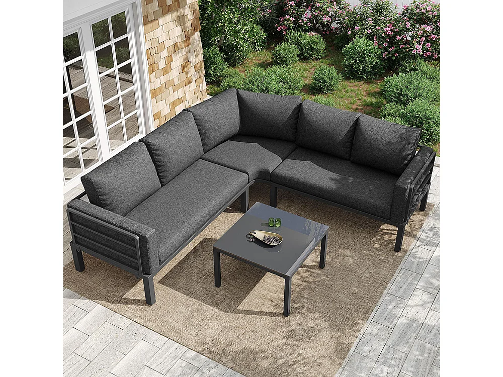 Set di mobili da giardino (posti a sedere 4-5), 1 tavolino in vetro temperato, struttura in ferro zincato, cuscini di seduta e cuscini grigi, con piedini regolabili