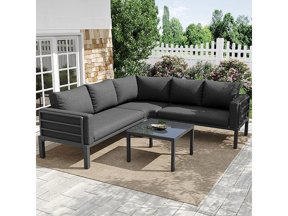 Set di mobili da giardino (posti a sedere 4-5), 1 tavolino in vetro temperato, struttura in ferro zincato, cuscini di seduta e cuscini grigi, con piedini regolabili