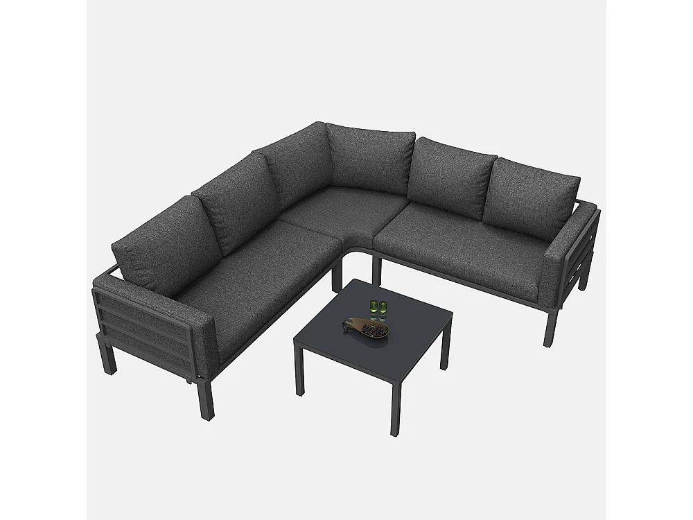 Set di mobili da giardino (posti a sedere 4-5), 1 tavolino in vetro temperato, struttura in ferro zincato, cuscini di seduta e cuscini grigi, con piedini regolabili