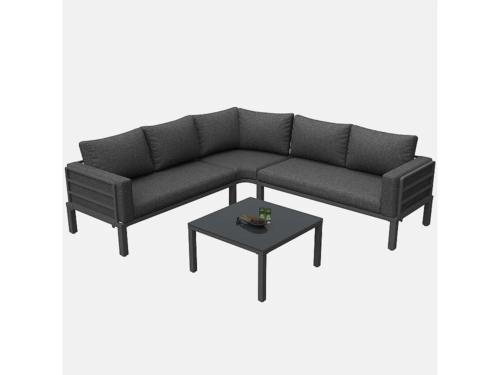 Set di mobili da giardino (posti a sedere 4-5), 1 tavolino in vetro temperato, struttura in ferro zincato, cuscini di seduta e cuscini grigi, con piedini regolabili