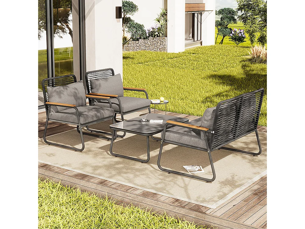 Salon de jardin avec structure en fer galvanisé, plateau de table en verre trempé, pieds de table réglables avec siège et coussins, gris