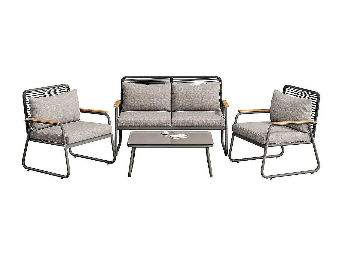 Salon de jardin avec structure en fer galvanisé, plateau de table en verre trempé, pieds de table réglables avec siège et coussins, gris