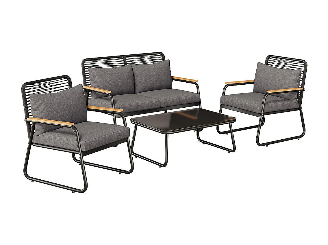 Tuinmeubelset met frame van gegalvaniseerd ijzer, tafelblad van gehard glas, verstelbare tafelpoten met zitvlak en kussens, zwart