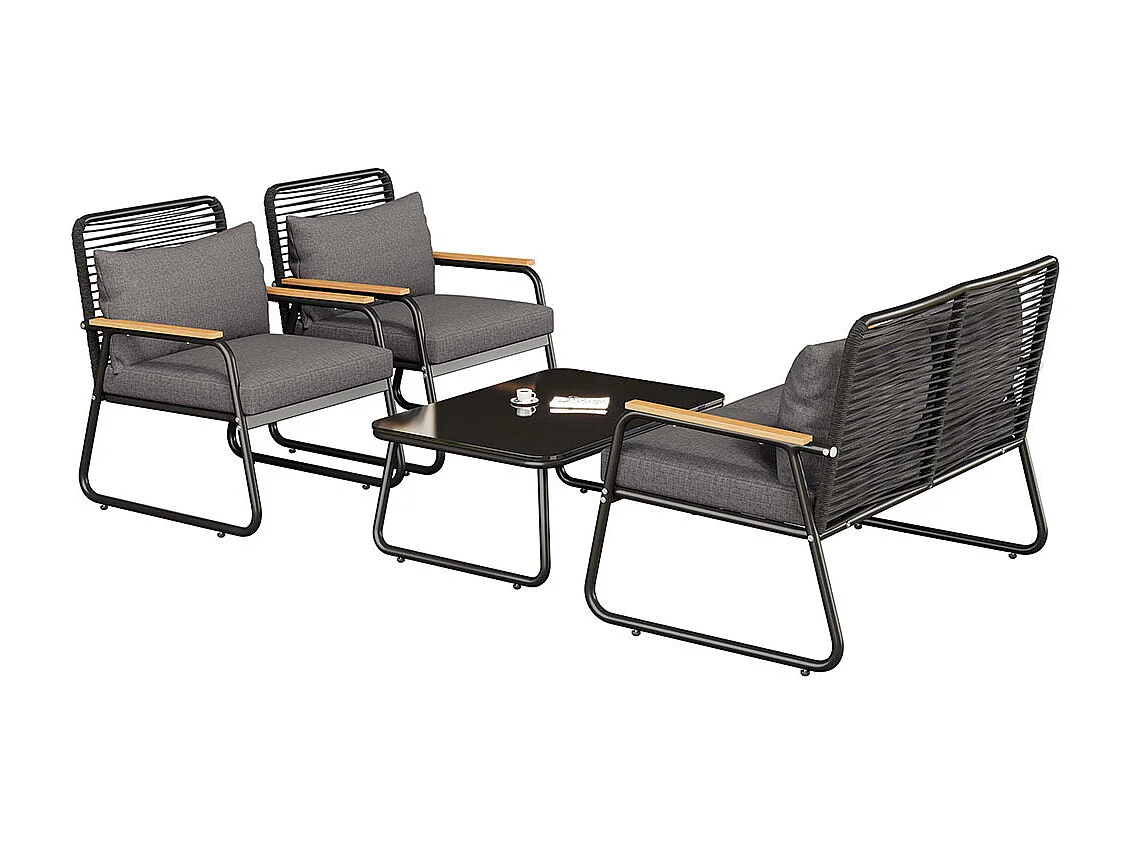 Tuinmeubelset met frame van gegalvaniseerd ijzer, tafelblad van gehard glas, verstelbare tafelpoten met zitvlak en kussens, zwart