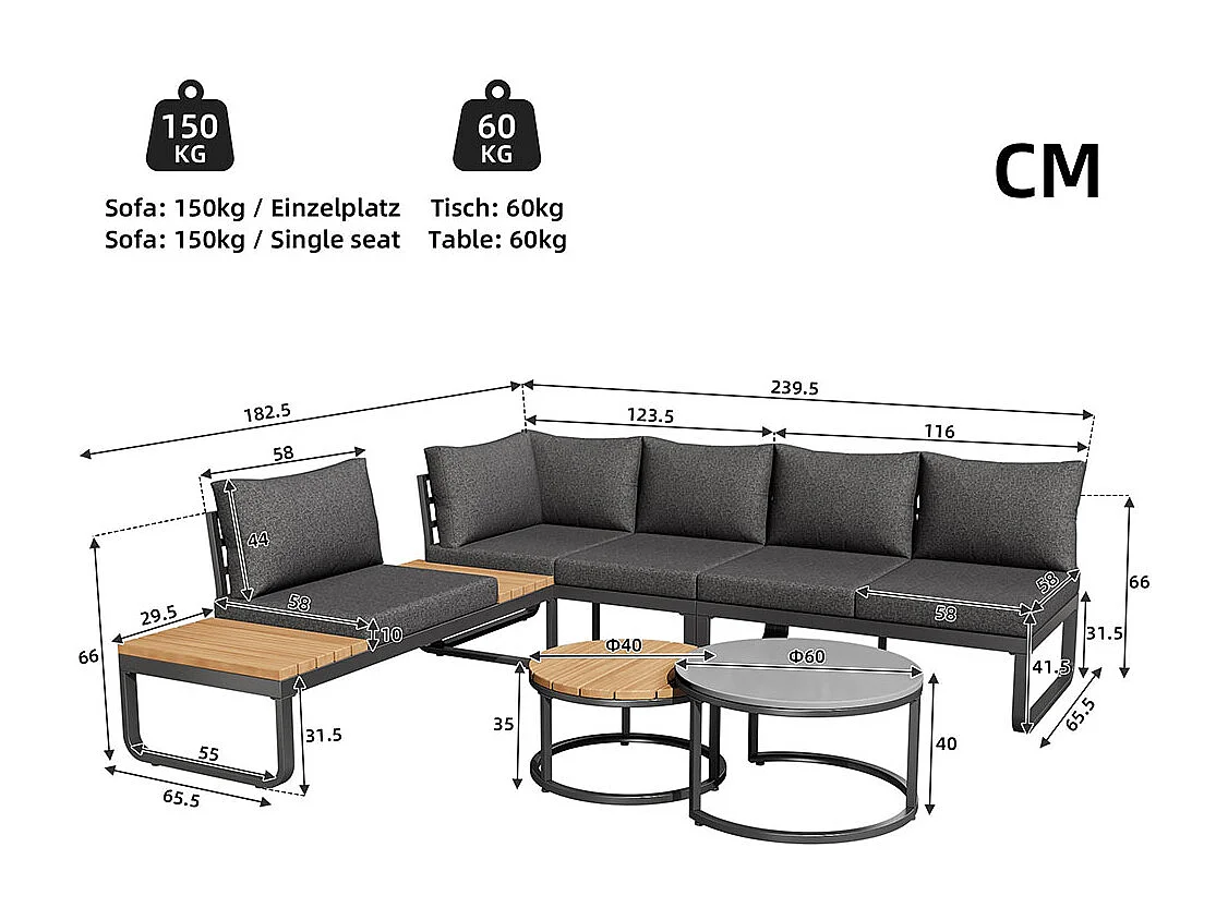 Gartenmöbel (4-5 Sitzplätze), 2 stapelbare Couchtische, Gestell aus verzinktem Eisen mit grauen Sitzkissen und Kopfkissen, mit verstellbaren Füßen.