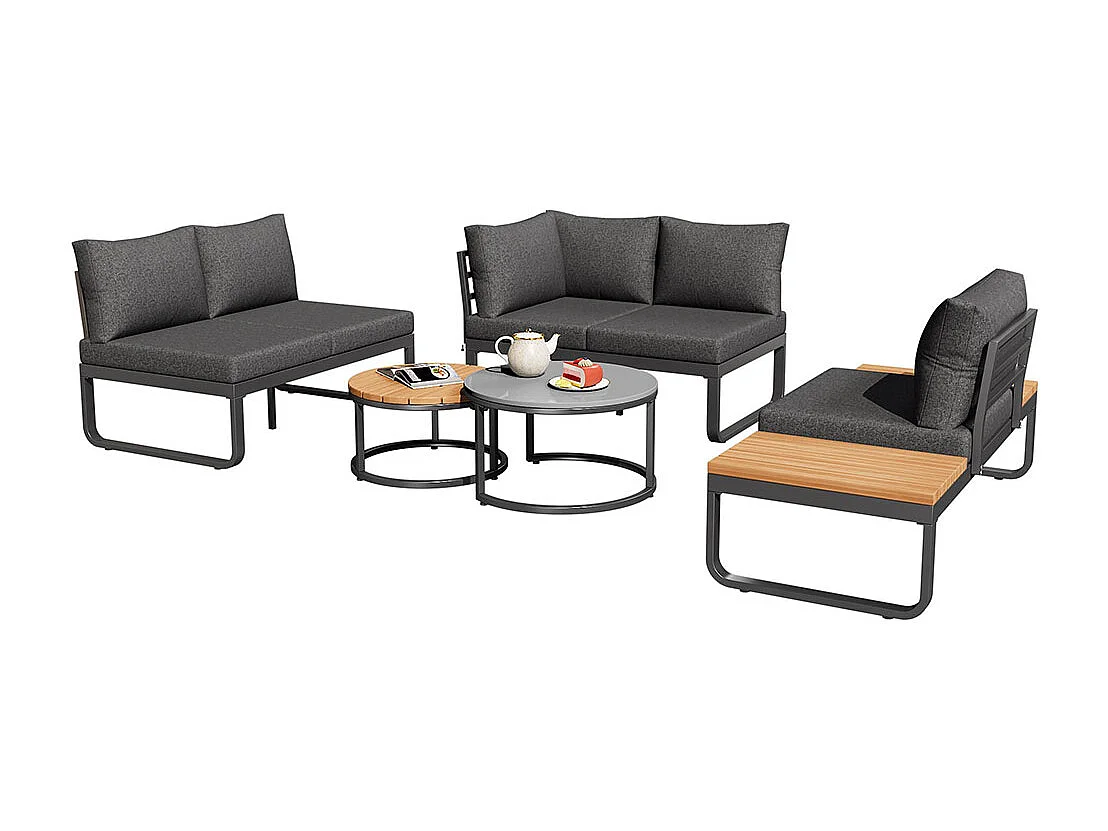 Gartenmöbel (4-5 Sitzplätze), 2 stapelbare Couchtische, Gestell aus verzinktem Eisen mit grauen Sitzkissen und Kopfkissen, mit verstellbaren Füßen.