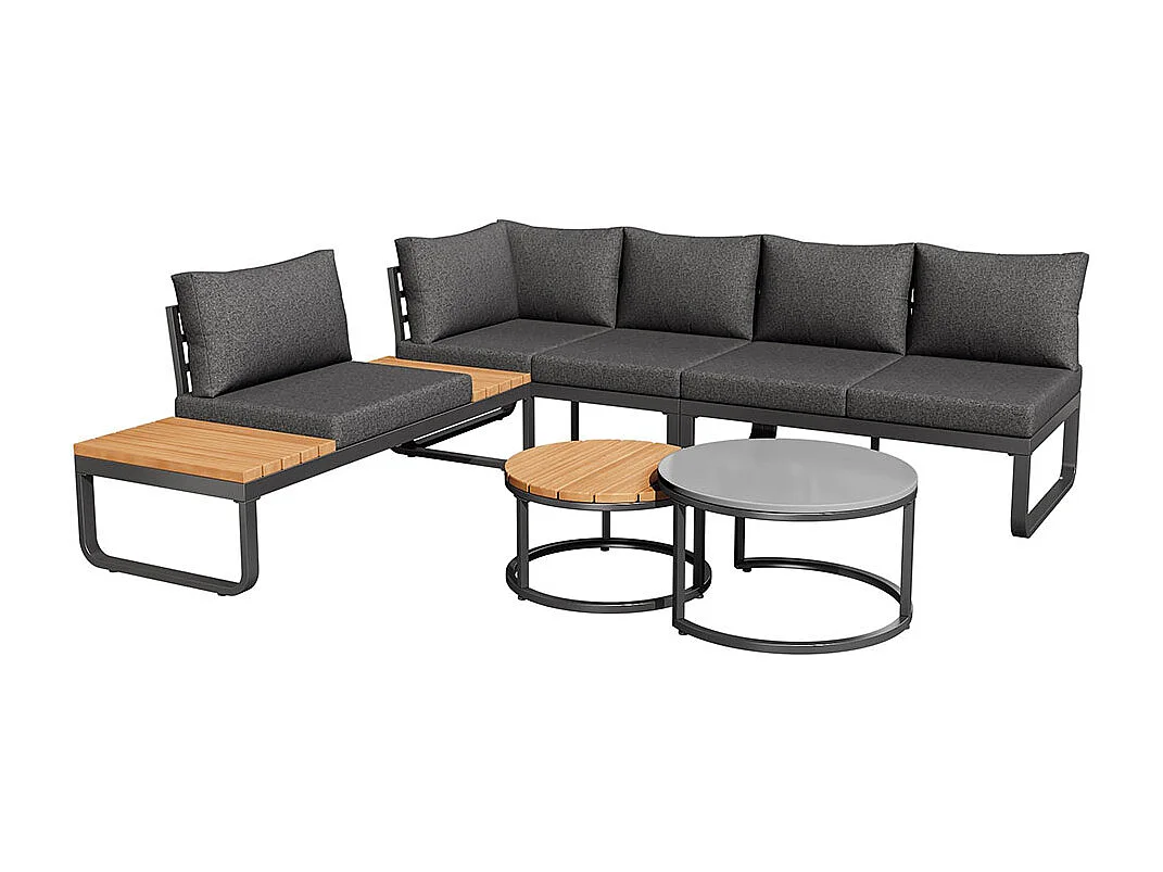 Gartenmöbel (4-5 Sitzplätze), 2 stapelbare Couchtische, Gestell aus verzinktem Eisen mit grauen Sitzkissen und Kopfkissen, mit verstellbaren Füßen.