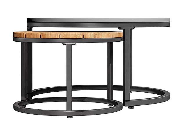 Gartenmöbel (4-5 Sitzplätze), 2 stapelbare Couchtische, Gestell aus verzinktem Eisen mit grauen Sitzkissen und Kopfkissen, mit verstellbaren Füßen.