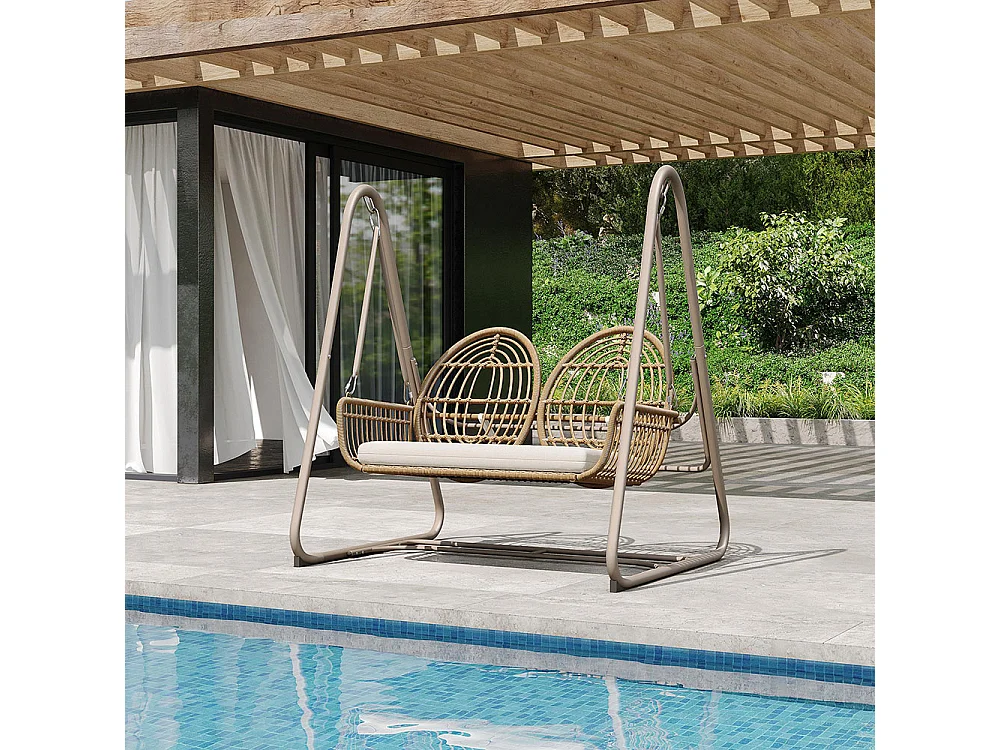 Altalena da giardino con schienale, set di mobili da giardino, rattan PE, 2 posti, telaio marrone e cuscini beige