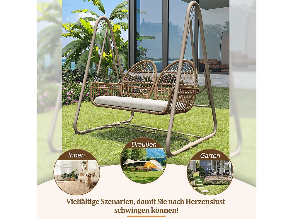 Altalena da giardino con schienale, set di mobili da giardino, rattan PE, 2 posti, telaio marrone e cuscini beige