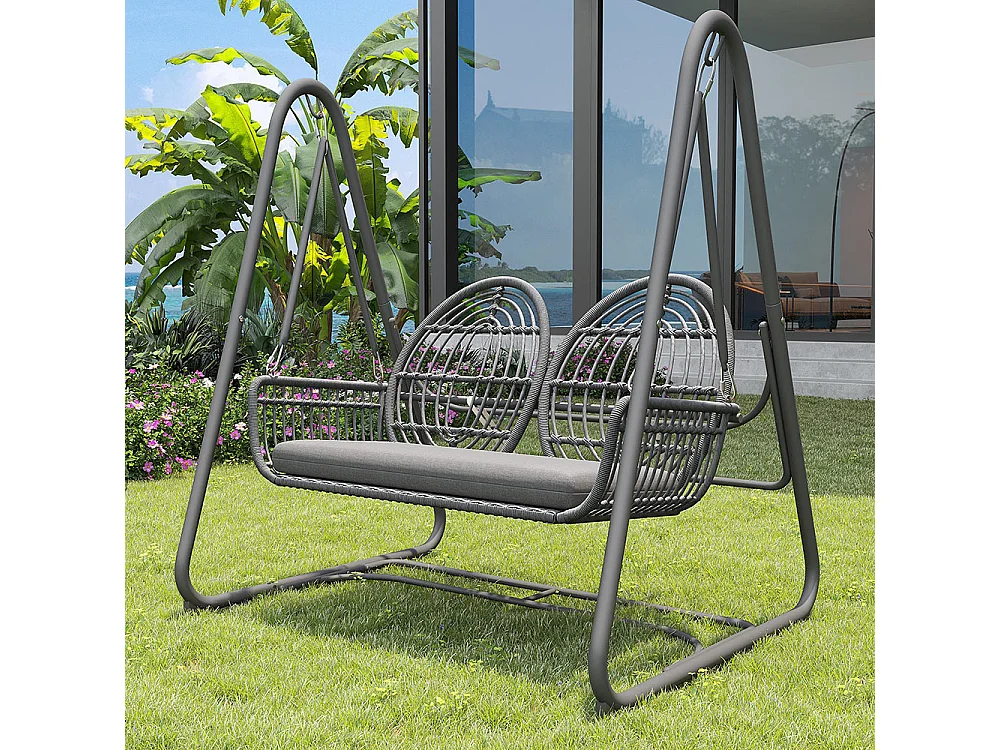 Columpio de jardín con respaldo, conjunto de muebles de jardín, ratán PE, 2 plazas, estructura gris oscuro y cojines