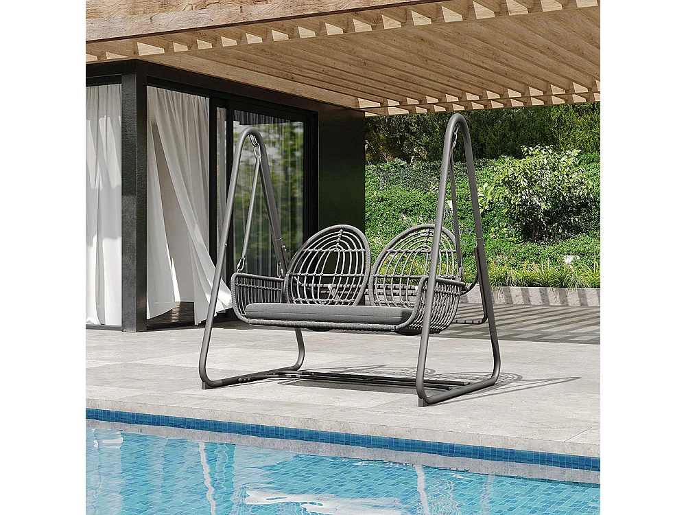 Columpio de jardín con respaldo, conjunto de muebles de jardín, ratán PE, 2 plazas, estructura gris oscuro y cojines