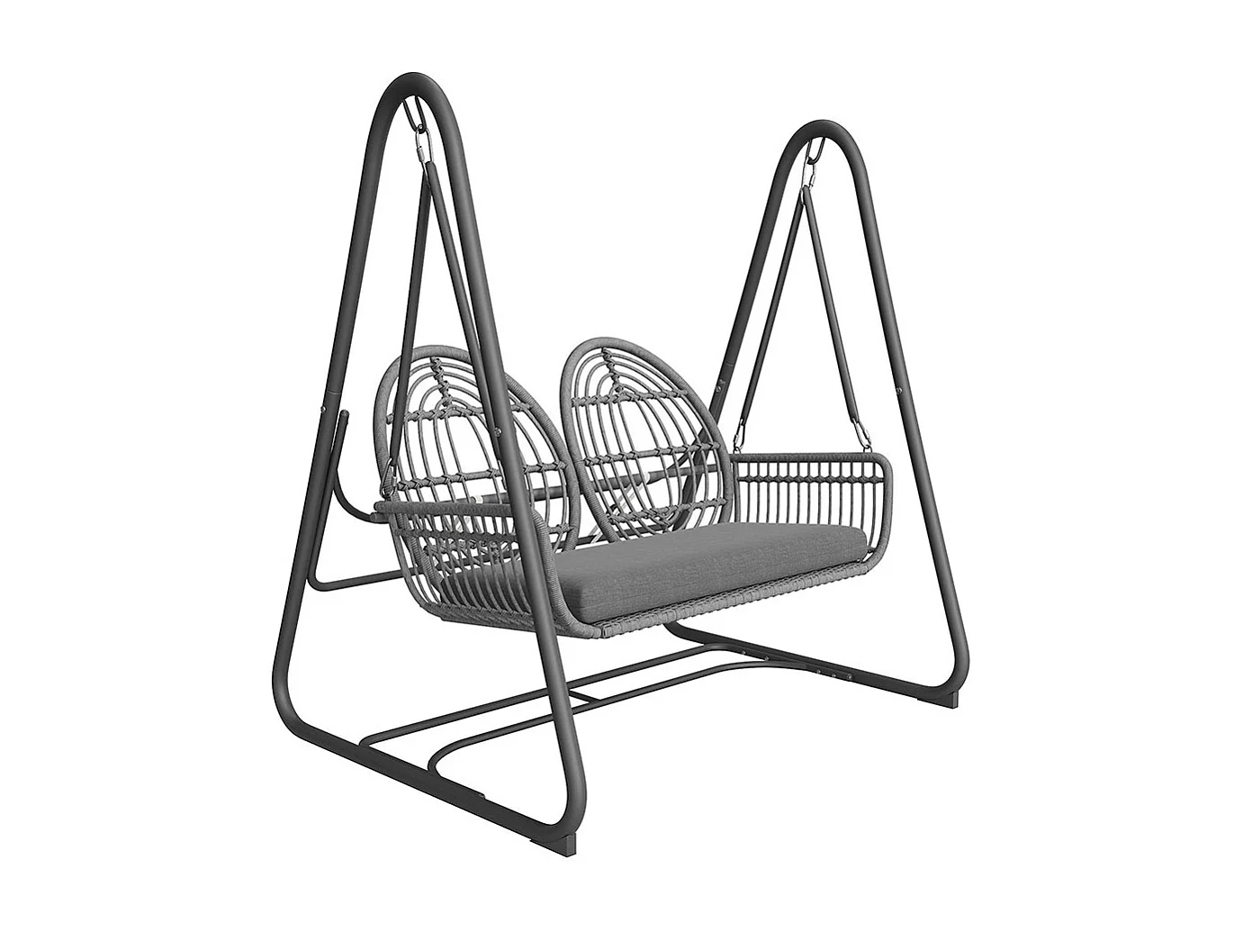 Columpio de jardín con respaldo, conjunto de muebles de jardín, ratán PE, 2 plazas, estructura gris oscuro y cojines