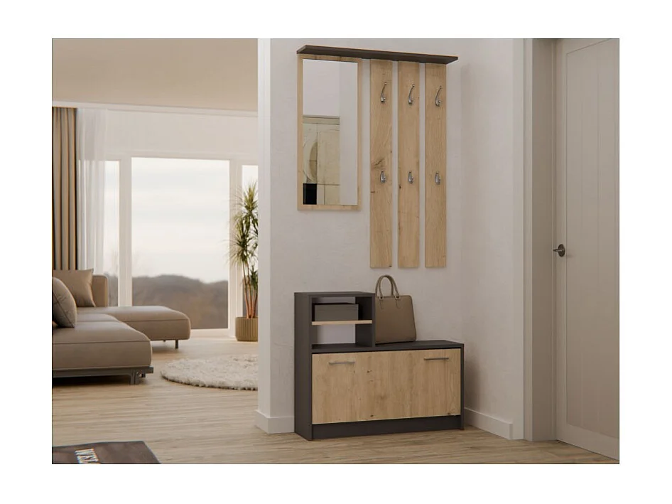 Garderoba Vera | Antracyt/Dąb Artisan| 85x24x180 cm| Wieszak, Lustro, Szafka na Obuwie