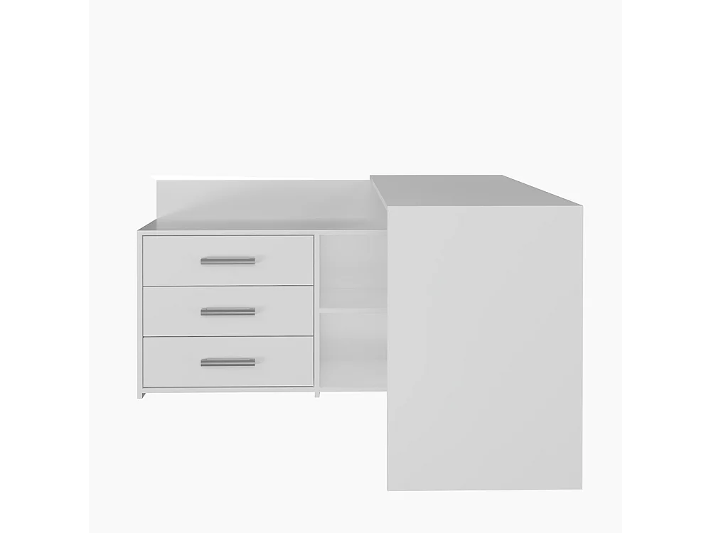 Bureau d'angle fonctionnel DANY blanc mat avec 3 tiroirs, 120x50x76 cm, rangement pratique et design moderne