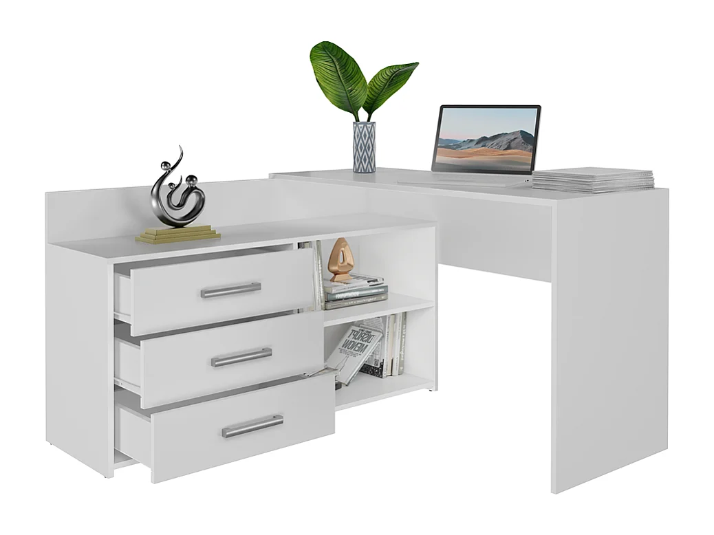 Bureau d'angle fonctionnel DANY blanc mat avec 3 tiroirs, 120x50x76 cm, rangement pratique et design moderne