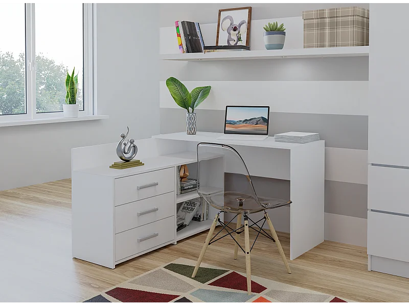 Bureau d'angle fonctionnel DANY blanc mat avec 3 tiroirs, 120x50x76 cm, rangement pratique et design moderne