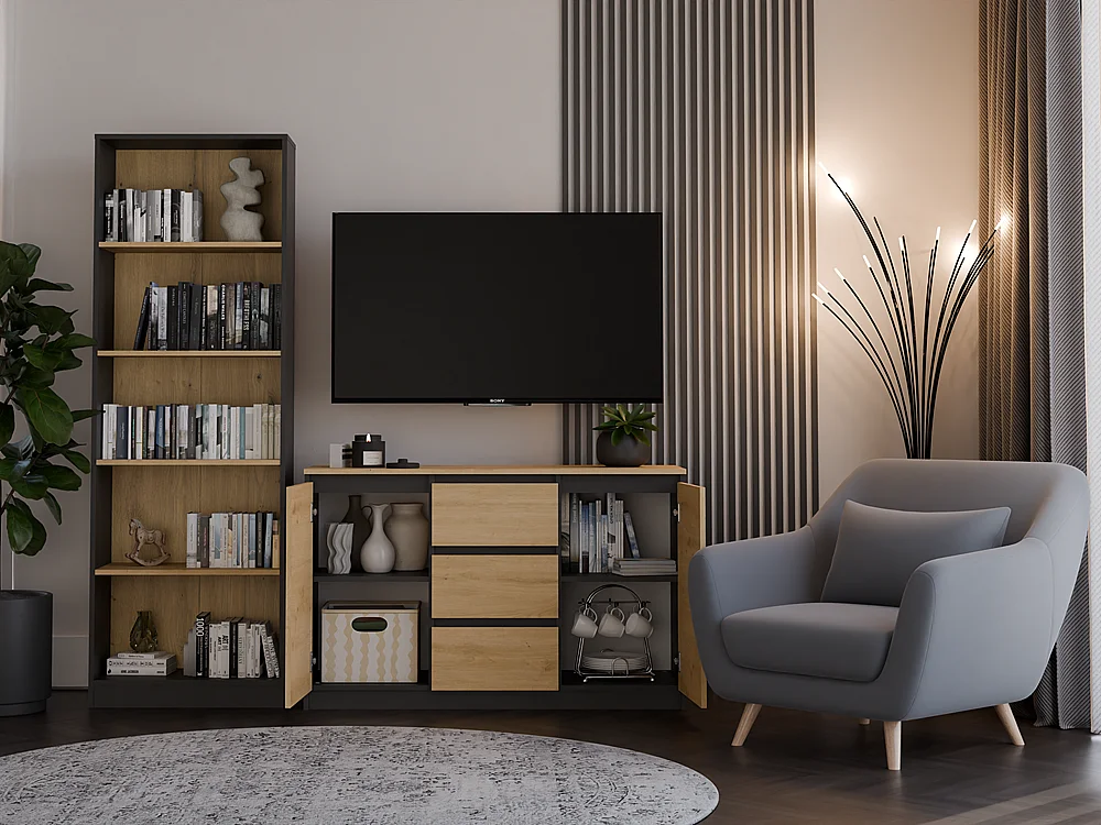 Komoda Malwa 2D3S | Antracyt-Dąb Artisan | 120x40x75 cm | 2 Drzwi 3 Szuflady