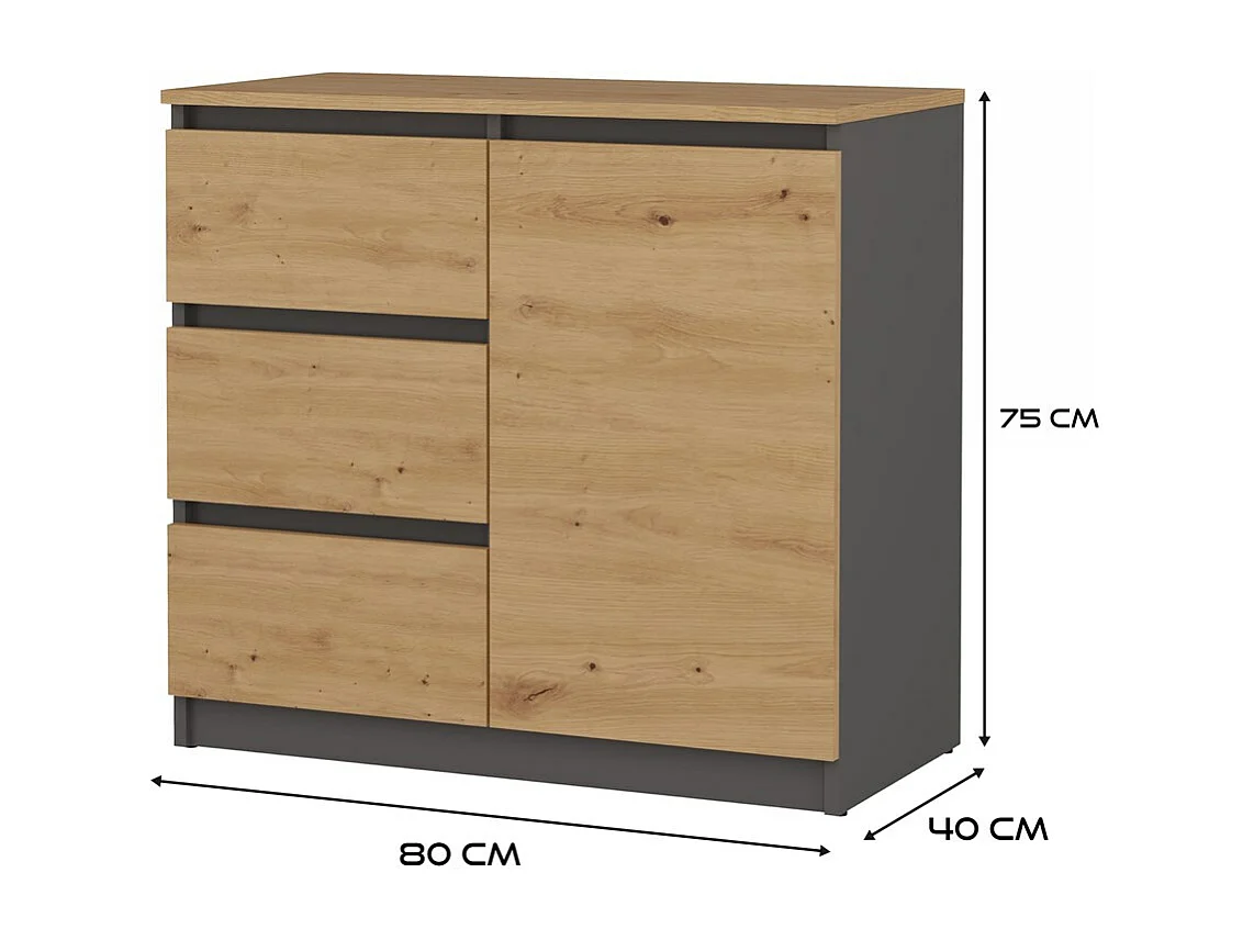 Komoda Malwa 1D3S |   Antracyt-Dąb Artisan | 80x40x75 cm | 3 Szuflady, 1 Drzwi